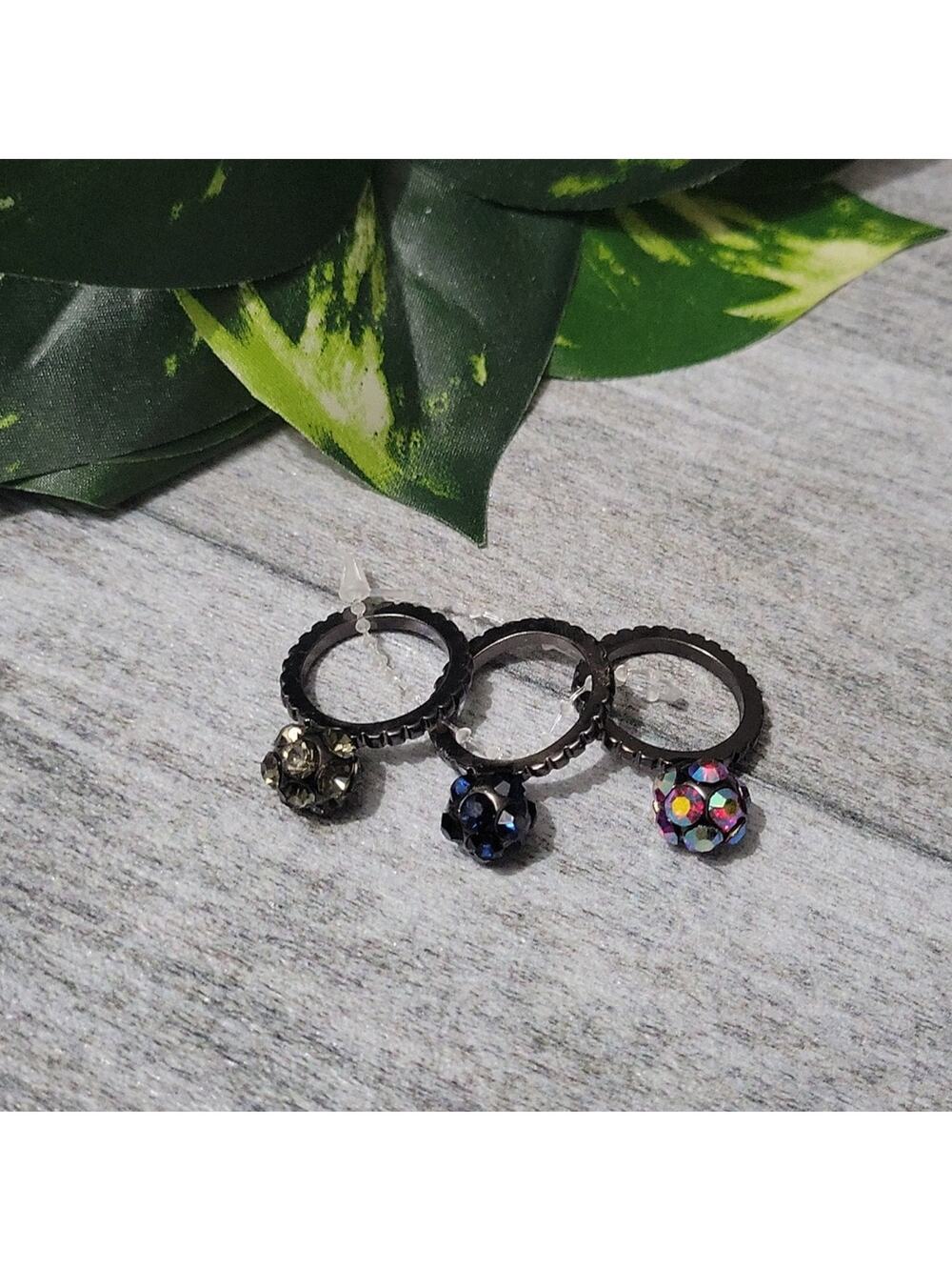 Black Metal Rhinestone Ball Ring Set NEW